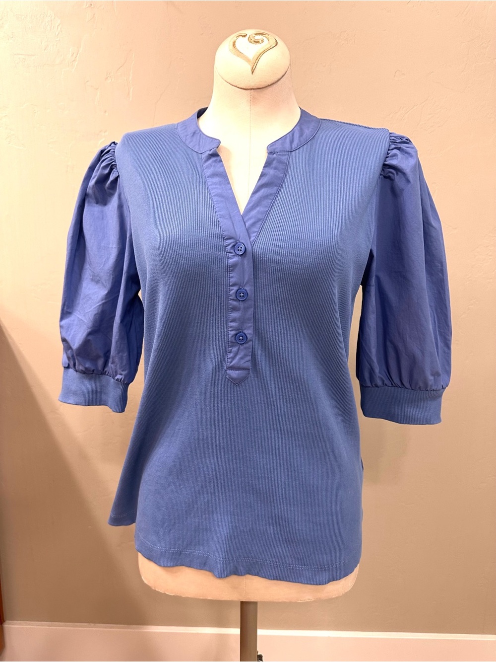 Quince Cotton Mixed Media Puff Sleeve Top Classic Blue Sleeved S READ